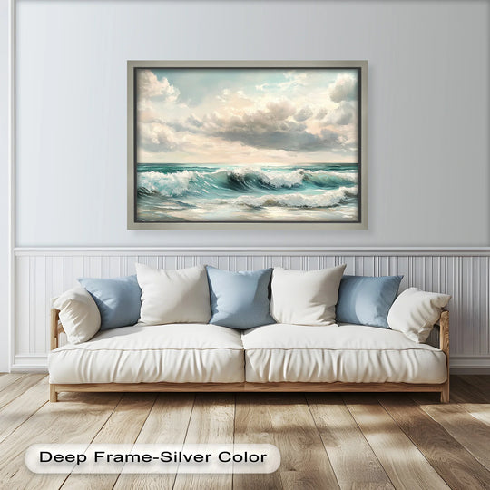 This serene seascape painting beautifully captures gentle turquoise waves rolling onto the shore beneath a sky of soft pastel clouds.

