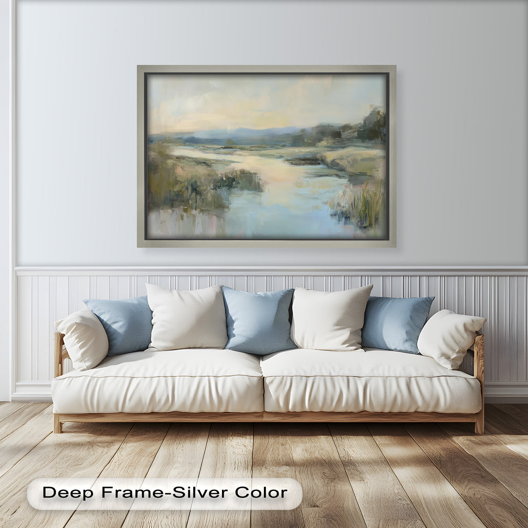 A serene natural scene with a peaceful river cutting through a misty, grassy landscape bathed in soft light.