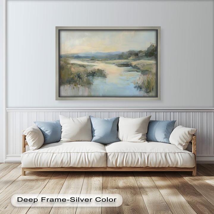 A serene natural scene with a peaceful river cutting through a misty, grassy landscape bathed in soft light.