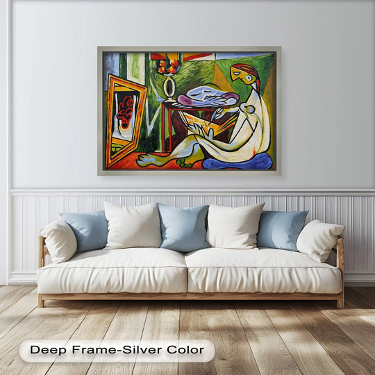 Visual rhythm is created in this Picasso oil painting artwork through bold colors and angular shapes in an abstract interior scene featuring the artist and the dream.
