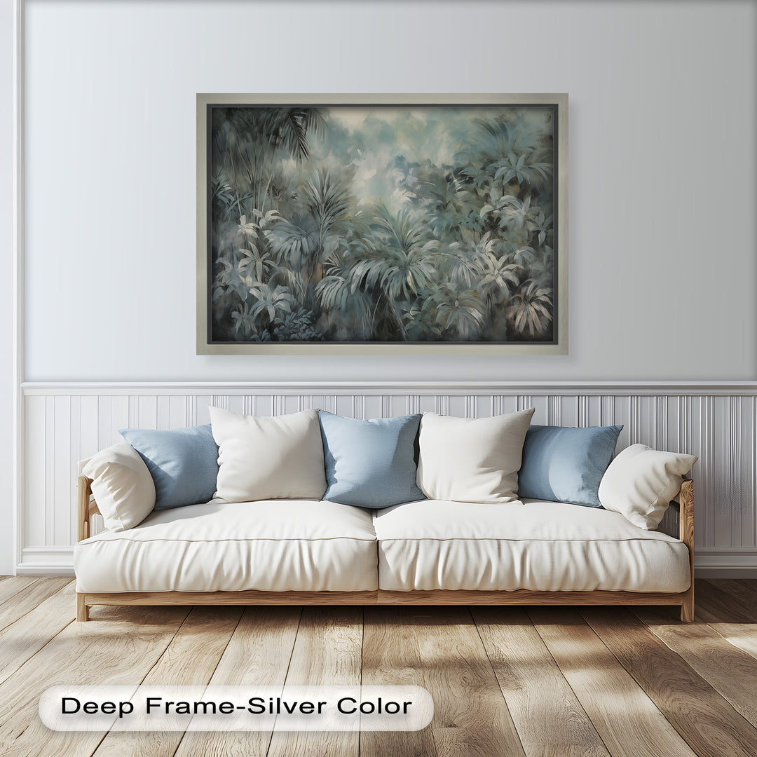 A dense jungle filled with oversized tropical leaves, enveloped in misty hues of blue and gray.

