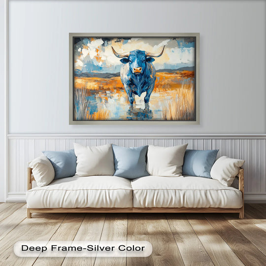 The foreground showcases the painted reflection of a striking blue desert bull in shallow water, a captivating oil painting wall art piece.