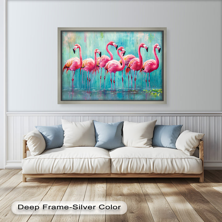 Flamingoschwarm auf dem Wasser – Tierölgemälde