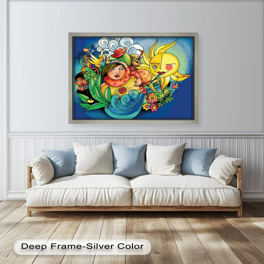 A vibrant fantasy scene featuring playful cartoon-style characters including a sun playing a flute, a woman with a guitar, and swirling abstract elements.