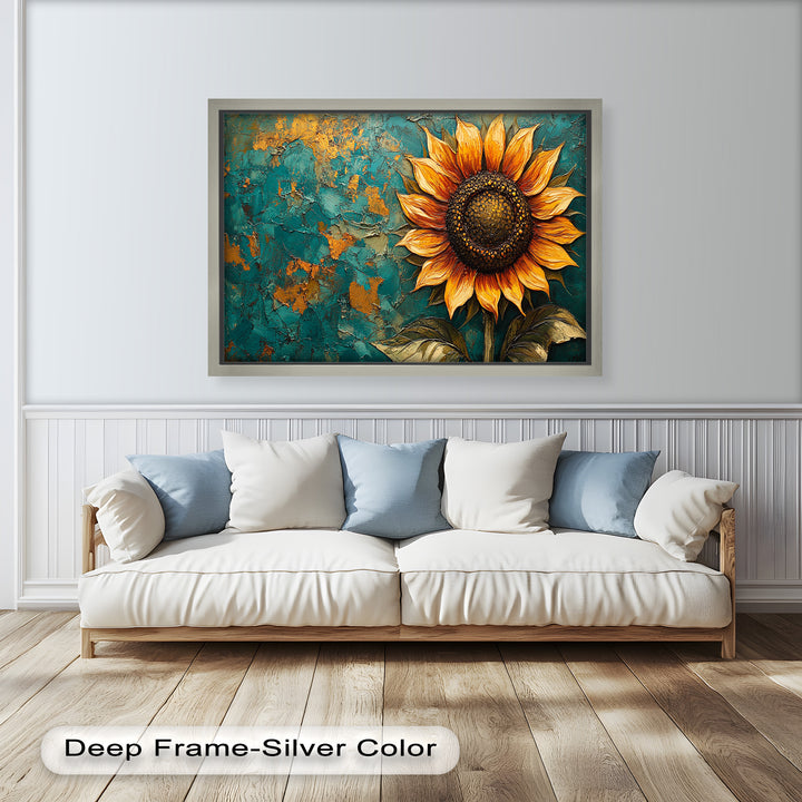 Sunflower on Textured Teal - Flower Oil Painting