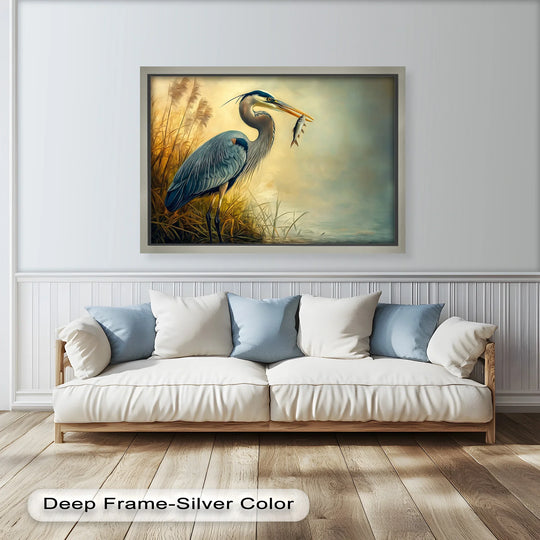 Bathed in radiant light, this striking animal oil painting decoration features a stately blue heron clutching a fish, rendered in exquisite detail.