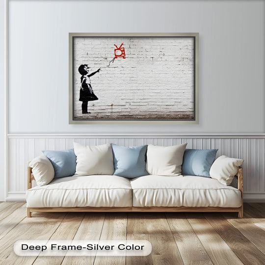 Crafted with care, the Unplugged Dreams Banksy oil painting home decor showcases premium canvas texture and rich color saturation in the silver-colored frame.