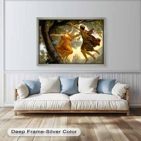Ethereal transition between golden hues and earthy tones highlights the dynamic movement within this nude Apollo and Daphne Renaissance oil painting art piece.