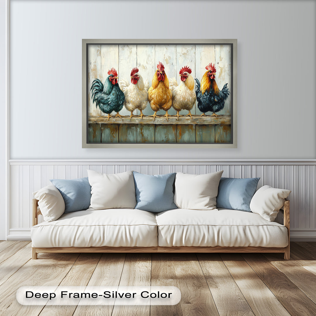 Colorful Roosters on a Wooden Fence – Animal Oil Painting