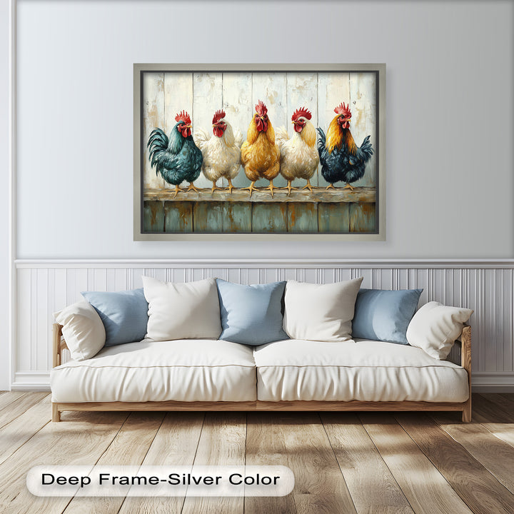 Colorful Roosters on a Wooden Fence – Animal Oil Painting