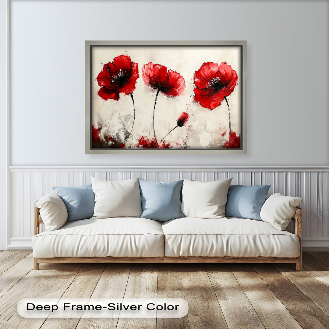 Crimson Elegance – Bold Red Poppies on Cream Flower Oil Painting