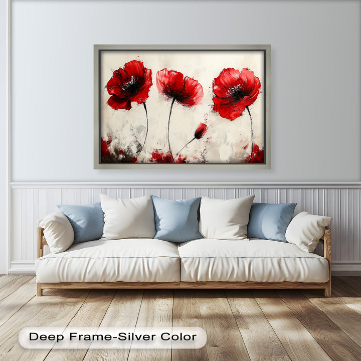 Crimson Elegance – Bold Red Poppies on Cream Flower Oil Painting