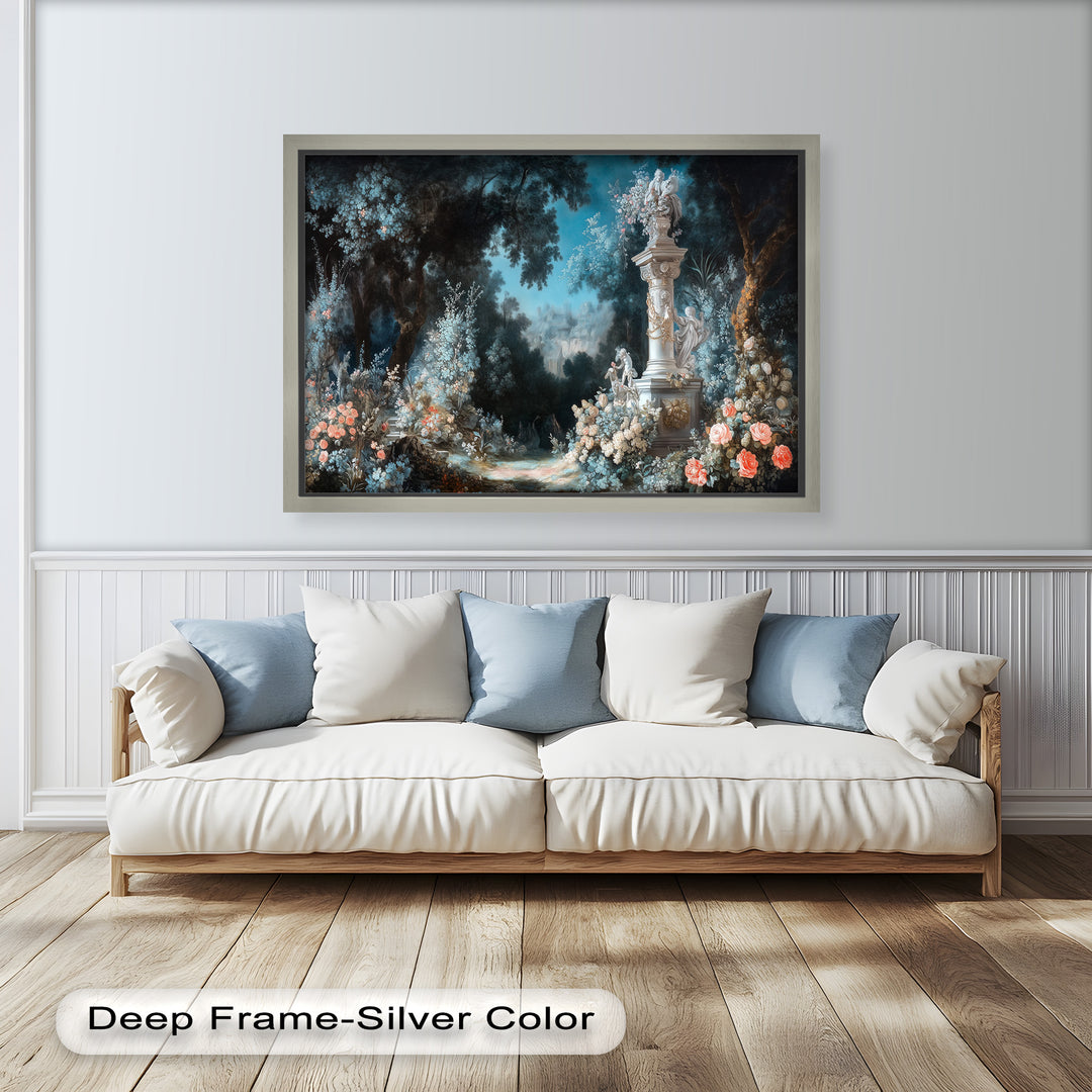 Moonlit Garden with Classical Column – Romantic Rococo Oil Painting