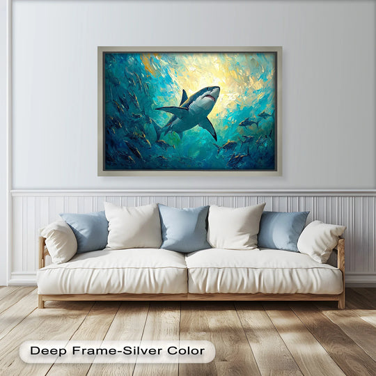 Predominantly teal and gold, this striking oil painting wall art features a great white shark in sunlit ocean depths with vivid brushstrokes creating a dramatic effect.