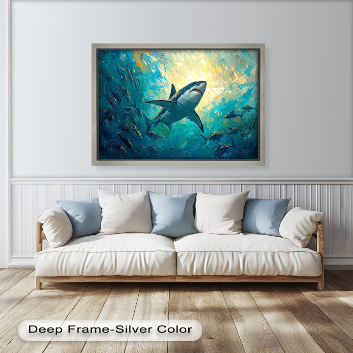 Great White Shark in Sunlit Ocean Depths – Animal Oil Painting