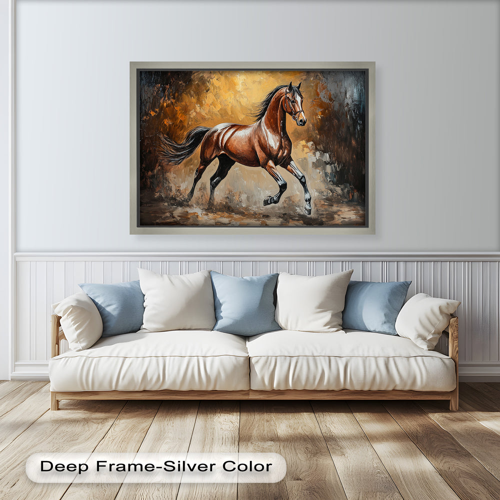 Powerful stallion artwork in motion with fiery tones and bold strokes.
