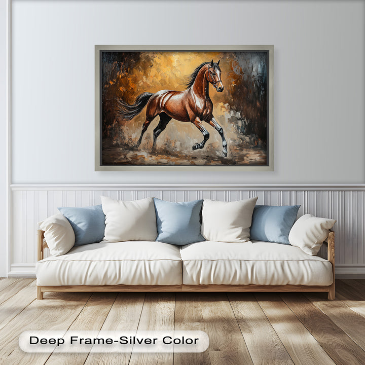 Powerful stallion artwork in motion with fiery tones and bold strokes.
