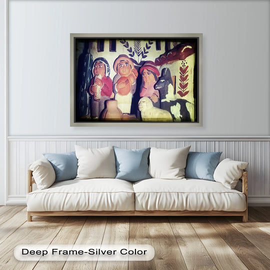 Deep frame borders this oil painting artwork depicting village harmony, showcasing folk clay figures with rustic charm within its dark-edged print.