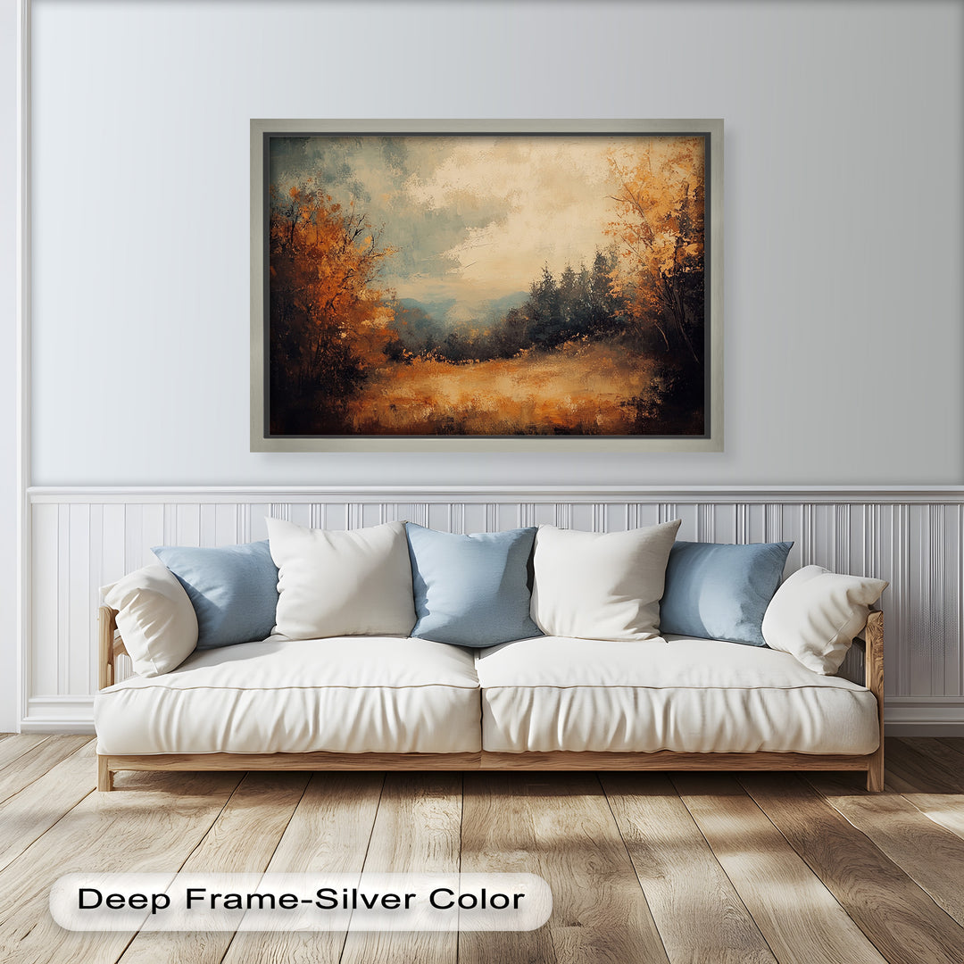 Golden autumn landscape painting with distant mountains and glowing trees.

