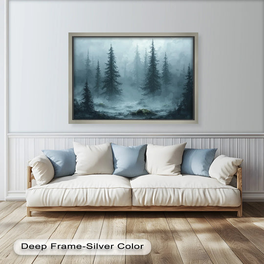 Square orientation of the tranquil nature oil painting featuring a misty forest landscape displayed as captivating oil painting art prints in a silver frame.