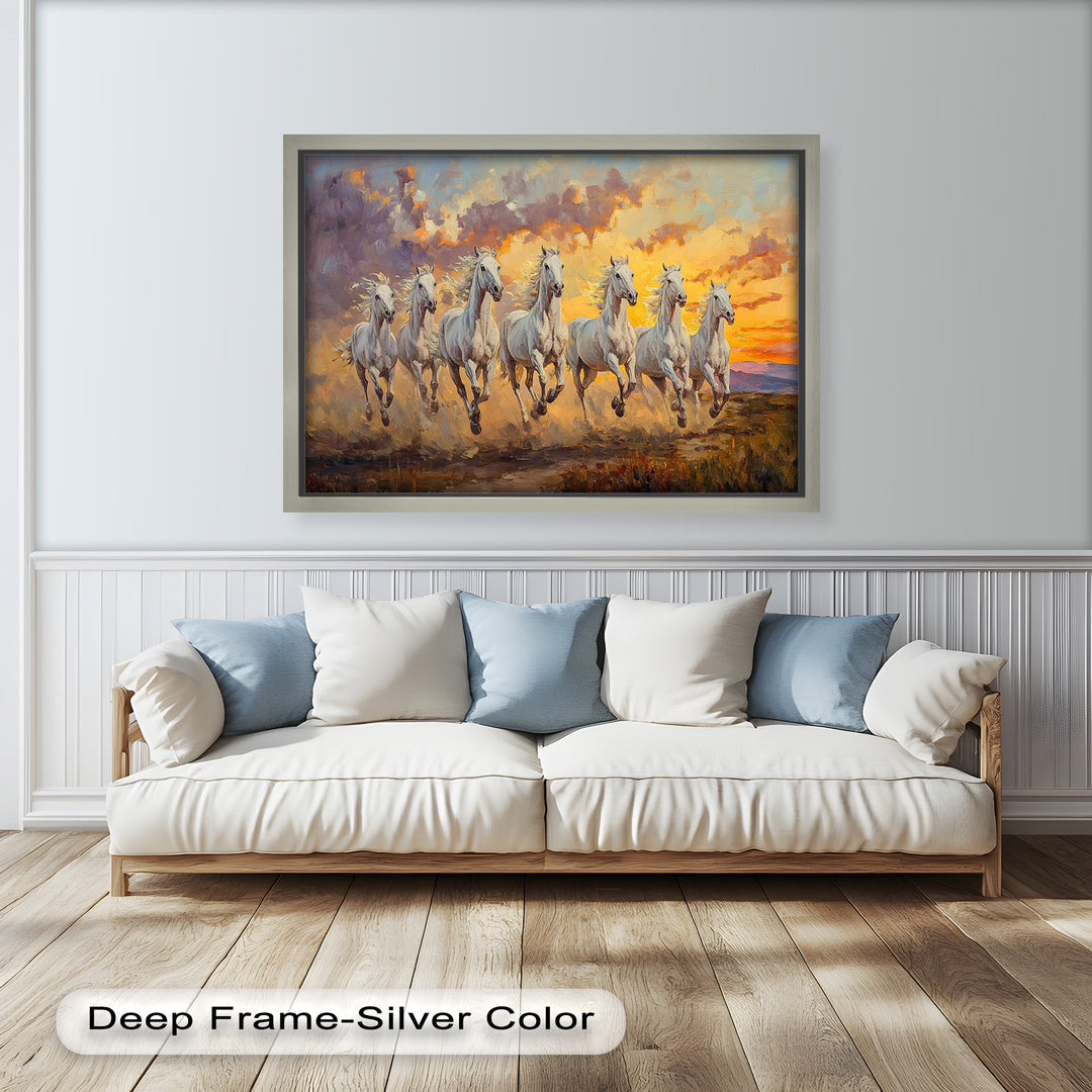 Running white horses painting with vivid sunset and dramatic sky.
