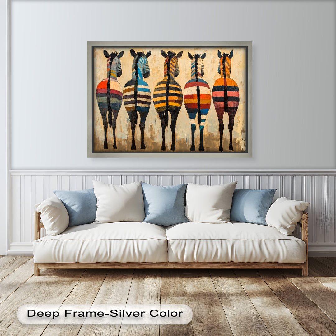 Five Colorful Zebras with Bold Stripes – Animal Oil Painting