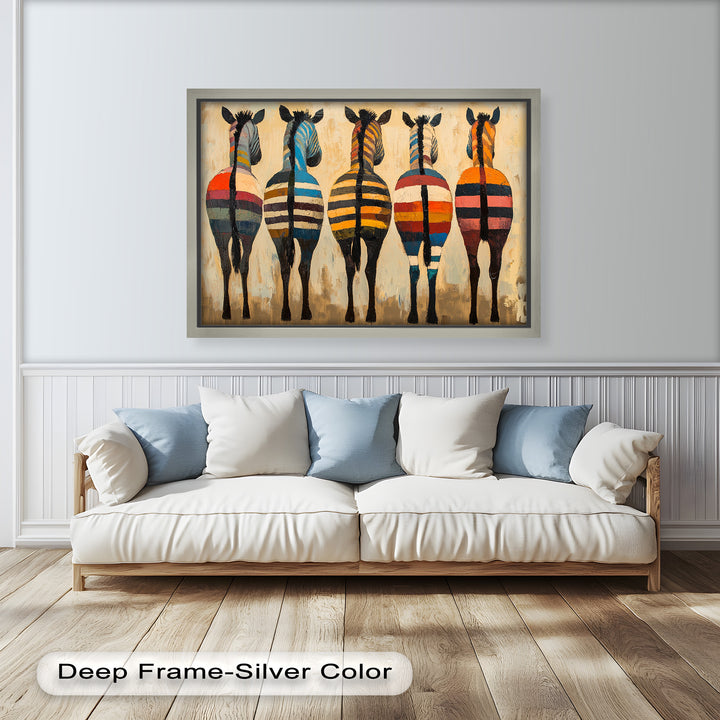 Five Colorful Zebras with Bold Stripes – Animal Oil Painting