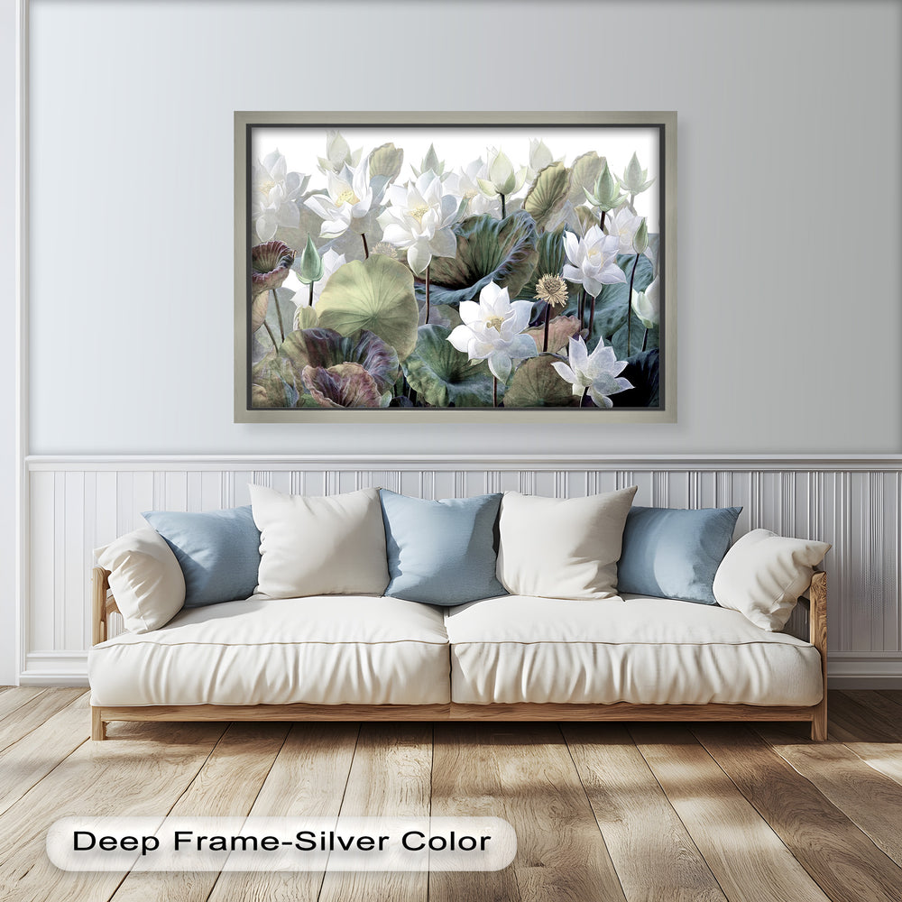 A beautifully detailed painting of a lotus pond, showcasing soft pastel tones, intricate petals, and large foliage in an Asian-inspired floral design

