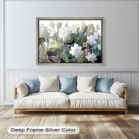 Textured brushstrokes define the surface of this lotus flower botanical elegant floral oil painting reproduction print, creating a rich and captivating visual depth.