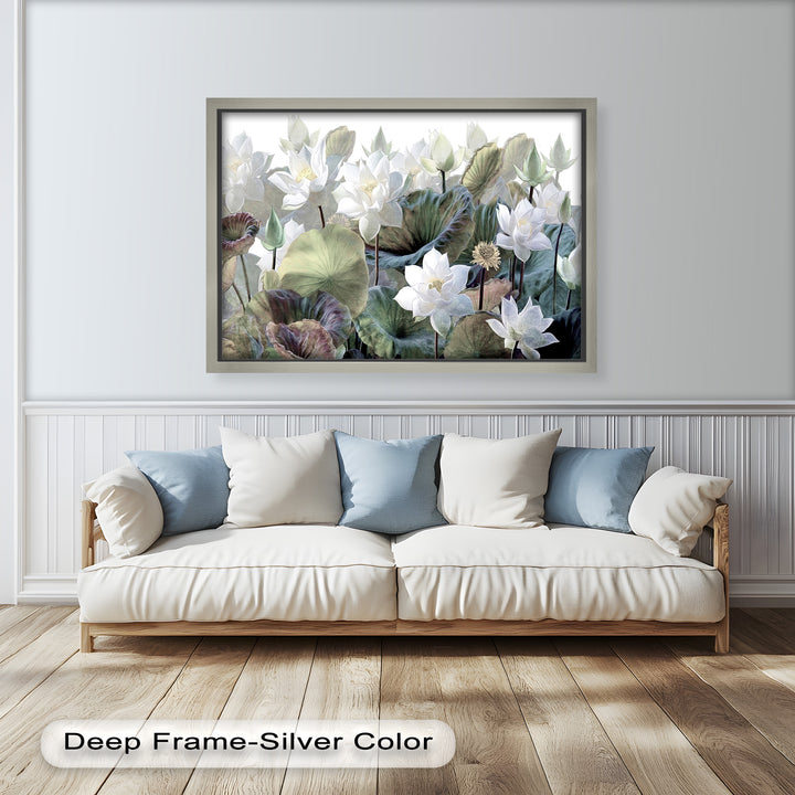 A beautifully detailed painting of a lotus pond, showcasing soft pastel tones, intricate petals, and large foliage in an Asian-inspired floral design
