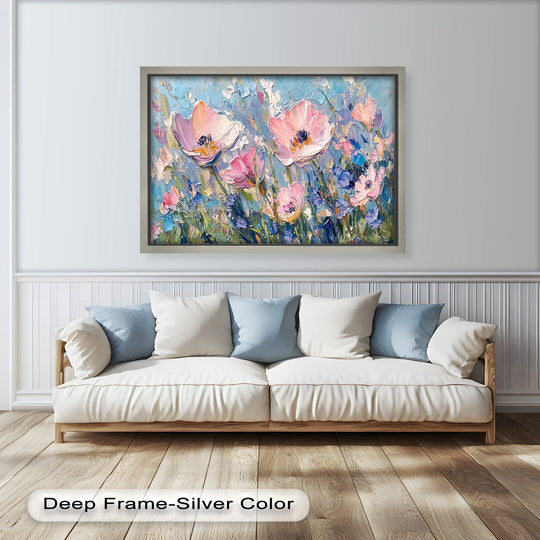 The rectangular frame of the pink and violet wildflower bloom art accentuates the geometric elements of the floral oil painting reproduction print, creating a balanced composition.