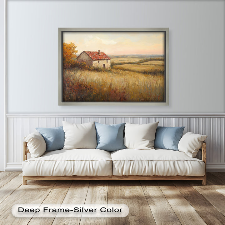 A timeless ode to rural beauty, this piece captures the simple charm of a quiet home surrounded by open meadows.