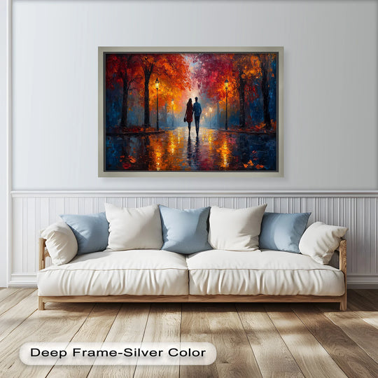 Displayed against the wall, the background enhances the romantic walk under fiery trees oil painting art prints, showcasing the artist's vivid color palette.