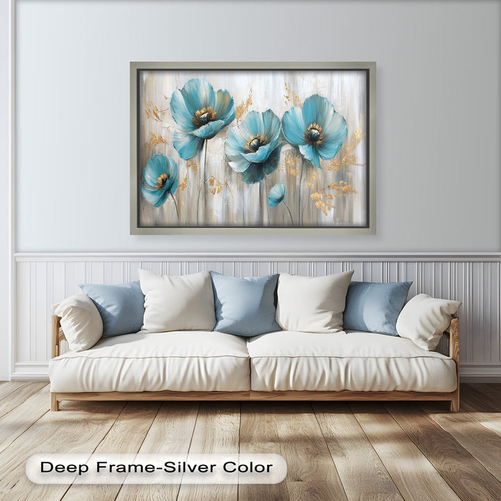 Blue Poppies with Metallic Accents - Flower Oil Painting