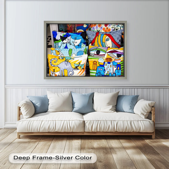 Visible background features a white wall with paneled wainscoting behind a beige sofa, contrasting with the colorful cubist pillows resembling oil painting wall art above.