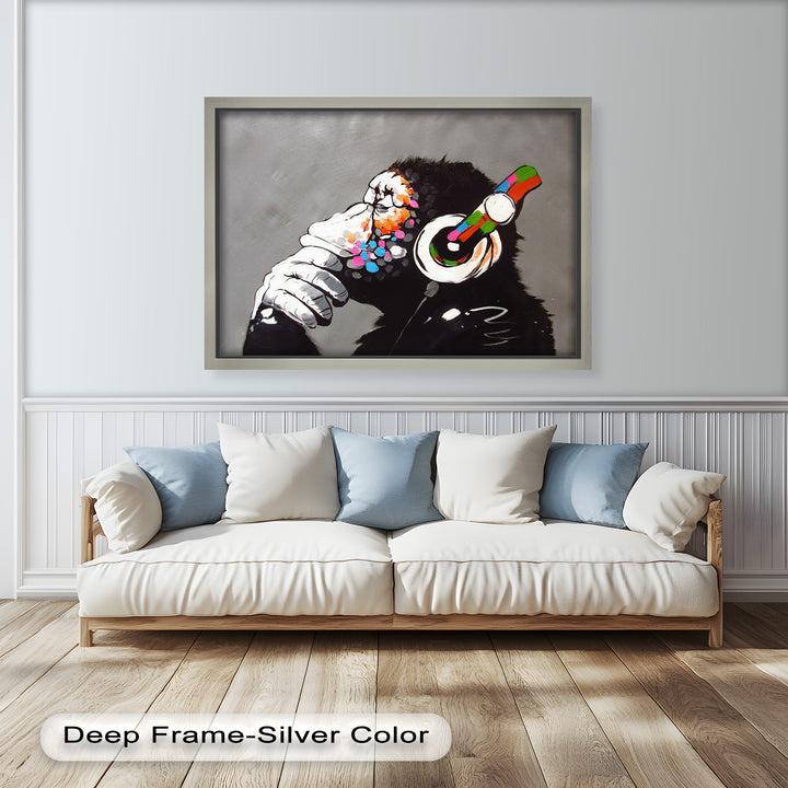Contemplative Chimp with Headphones - Banksy Oil Painting