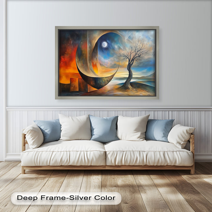 Moonlit Tree and Surreal Horizon - Abstract Oil Painting