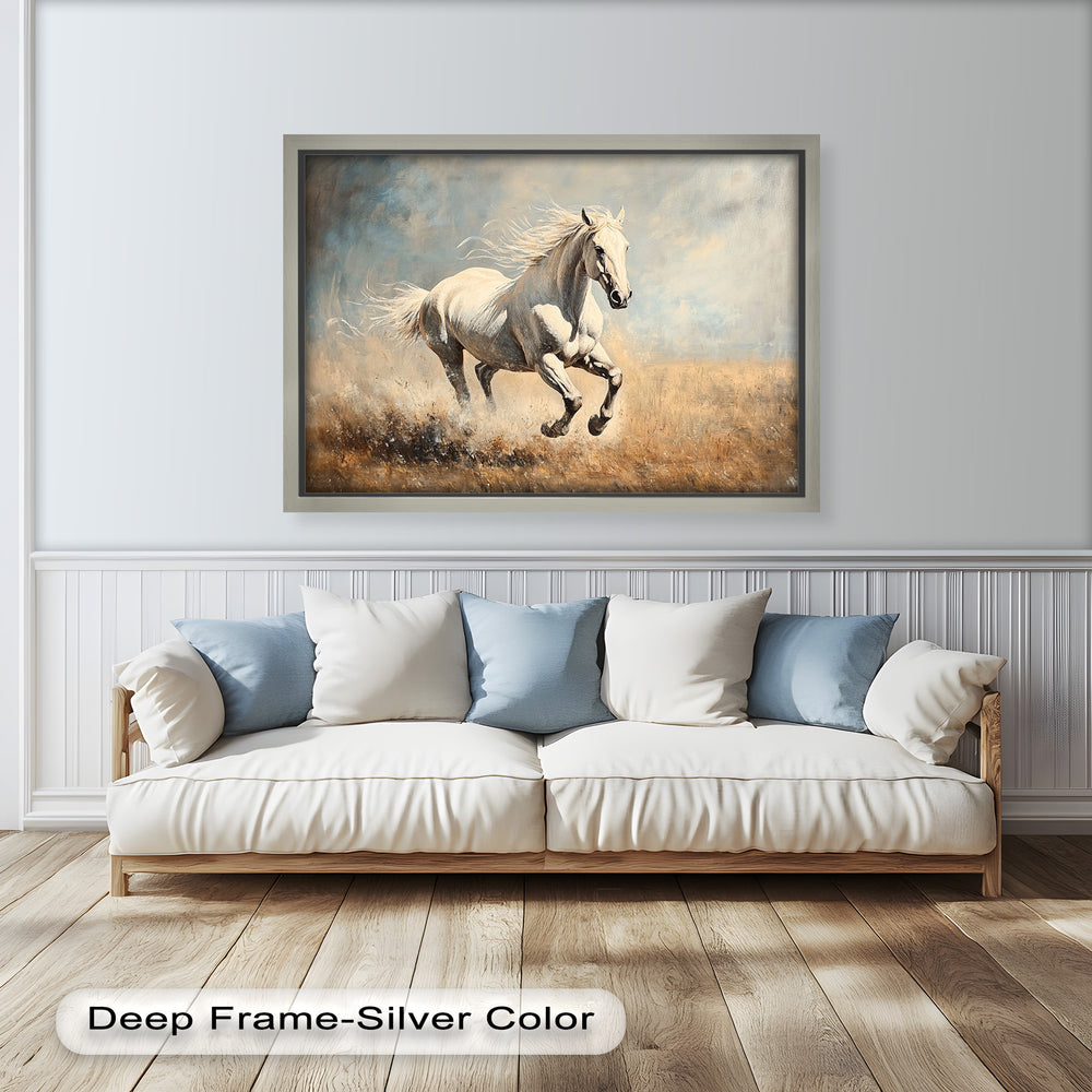 Dynamic equine artwork of a galloping stallion in open plains.
