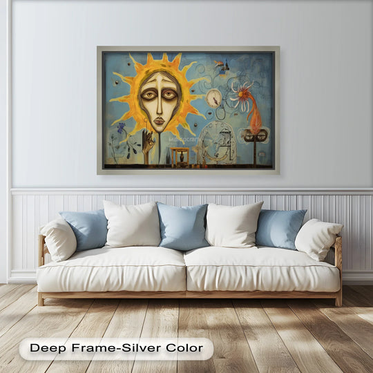 Horizontal rectangular oil painting decoration showcases a surrealist sun face surrounded by whimsical clocks and symbols, reminiscent of Picasso's style.