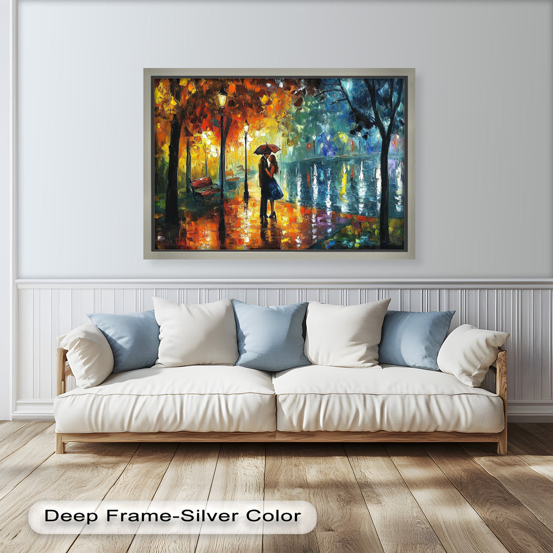 Golden Glow – Lovers Beneath the Umbrella Love Oil Painting