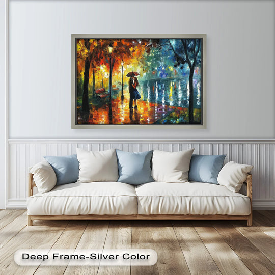 Romantic ambiance radiates from this Golden Glow oil painting reproduction print of lovers under an umbrella, evoking feelings of intimacy and connection.