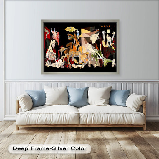 Powerful cubist style 'The Cry of Chaos' oil painting, showing war and anguish, is a striking oil painting home decor piece in a silver frame.