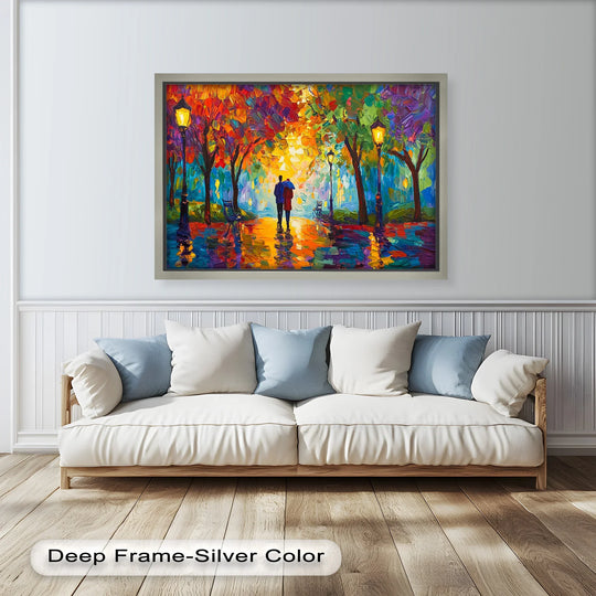 Suggesting motion, the 'Autumn Radiance' love oil painting depicts a couple under a colorful canopy with brushstrokes that give the impression of oil painting home decor flowing across the scene.