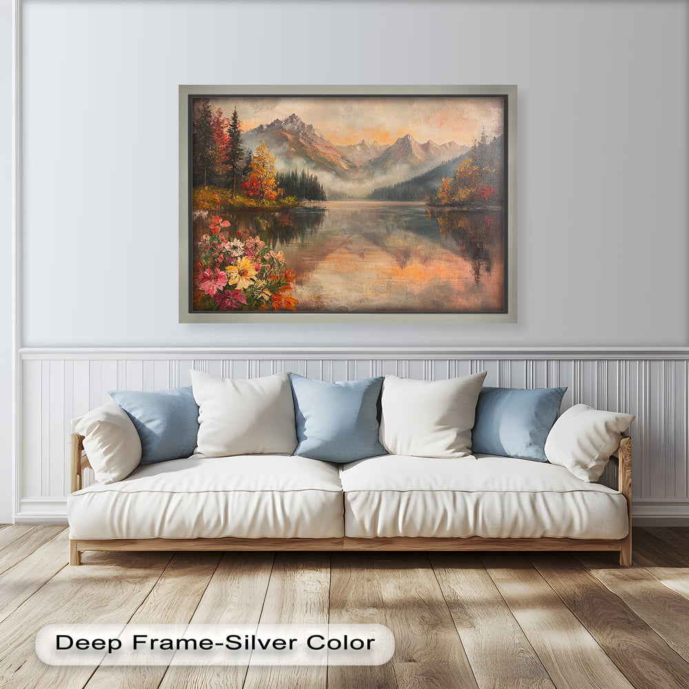 A beautifully detailed nature-inspired artwork capturing the beauty of a tranquil alpine lake, surrounded by lush fall colors and towering pine trees.