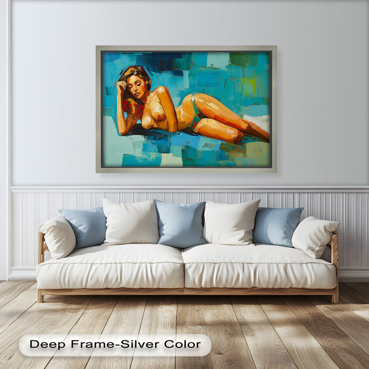 Tropical Repose – Reclining Woman with Ocean Tones Oil Painting