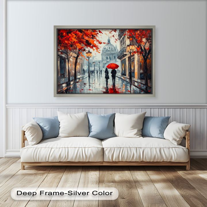 Lovers Walking with Red Umbrella - Love Oil Painting