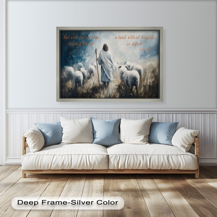 Christian-themed artwork of the Good Shepherd walking with his sheep.






