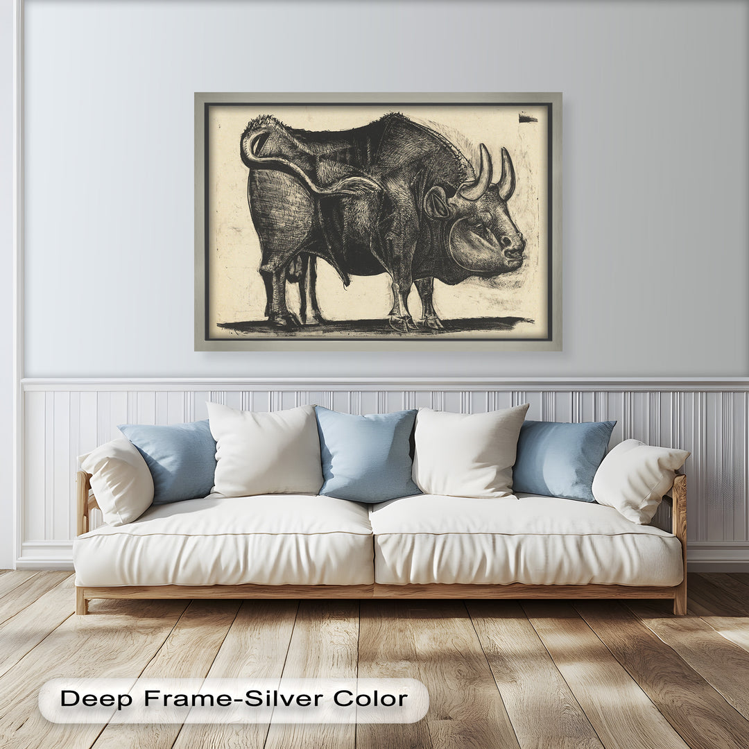 Expressive Bull Figure with Bold Linework – Figurative Oil Painting