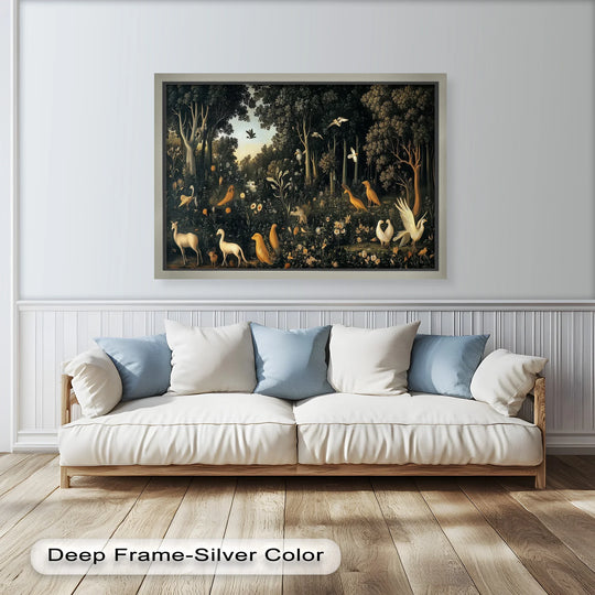The silver-colored deep frame accentuates this vibrant Garden of Grace oil painting art piece, enhancing the rich tones of the birds and flowers within the elegant border.
