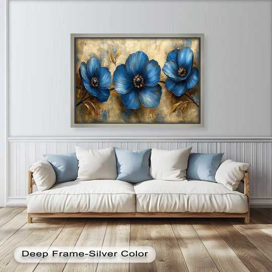 Evoking the sense of a gentle breeze, the composition of this floral oil painting art prints whispers movement through its royal blue trio and gold accents.